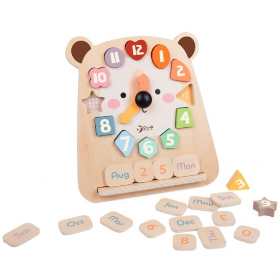 Meškiuko laikrodis, edukacinis, 3 viename, laiko skaičiavimo ir datos mokymosi CLASSIC WORLD Montessori