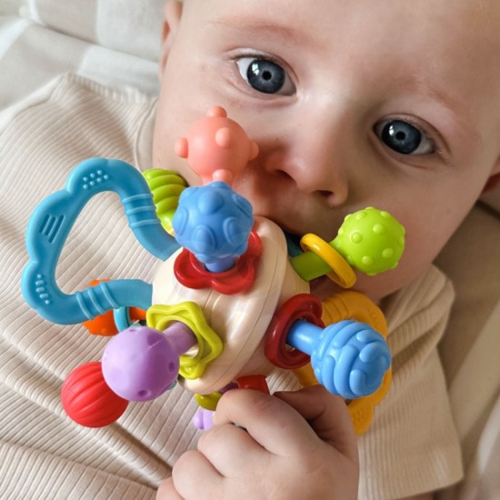 Minkštas barškutis 2in1 kramtukas-sensorinis žaislas kūdikiams.WOOPIE BABY