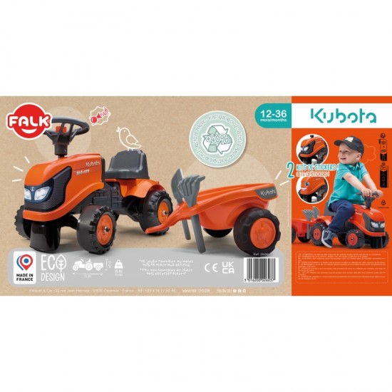 Oranžinis traktorius su priekaba + priedai nuo 1 metų FALK Kubota