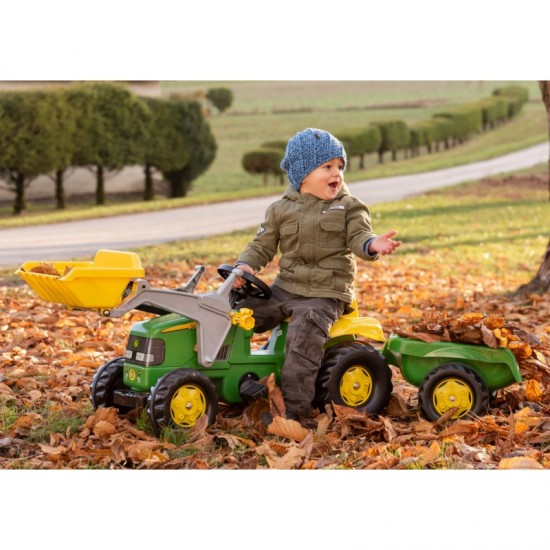 Pedalinis traktorius su kibiru ir priekaba, žalias Rolly Toys RollyKid John Deere