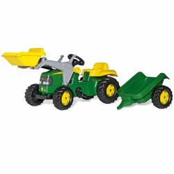 Pedalinis traktorius su kibiru ir priekaba, žalias Rolly Toys RollyKid John Deere