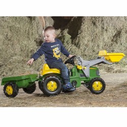Pedalinis traktorius su kibiru ir priekaba, žalias Rolly Toys RollyKid John Deere