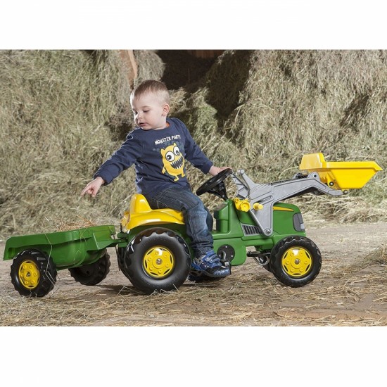 Pedalinis traktorius su kibiru ir priekaba, žalias Rolly Toys RollyKid John Deere