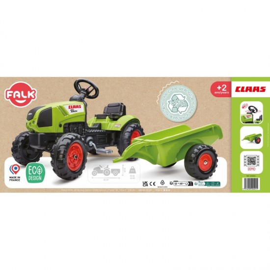 Pedalų traktorius su priekaba ir garso signalu nuo 2 metų amžiaus. FALK Žalias Claas