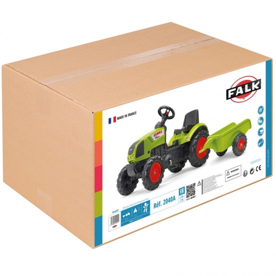 Pedalų traktorius su priekaba ir garso signalu nuo 2 metų amžiaus. FALK Žalias Claas