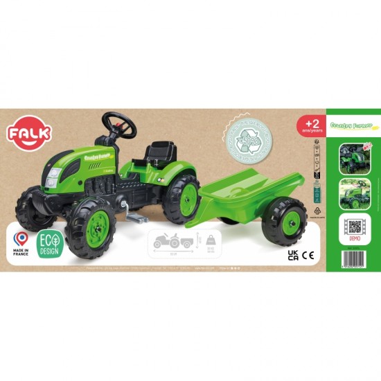 Pedalų traktorius su priekaba, žalias, 2-5 metų amžiaus FALK Country Farmer