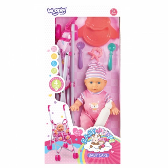 Pirmoji kūdikio lėlė su vežimėliu ir aukle + maitinimo rinkinys WOOPIE ROYAL