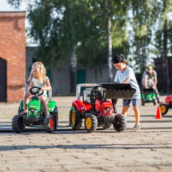 Raudonas „Supercharger“ pedalais minamas traktorius su priekaba, atidaromas, skirtas nuo 3 metų amžiaus FALK