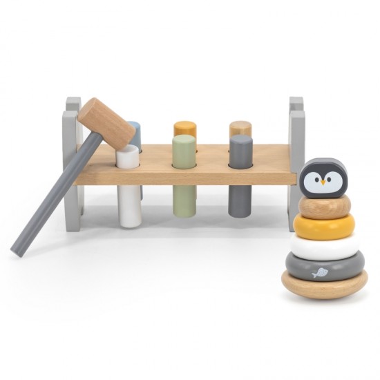 Rinkinys medinei piramidei + pingvino formos plaktuku-perforatoriui Montessori VIGA PolarB