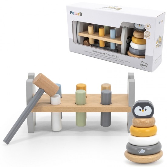 Rinkinys medinei piramidei + pingvino formos plaktuku-perforatoriui Montessori VIGA PolarB
