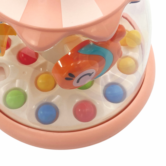 Spalvingų gyvūnų rožinis vilkelis su kamuoliukais ir karuselė WOOPIE BABY