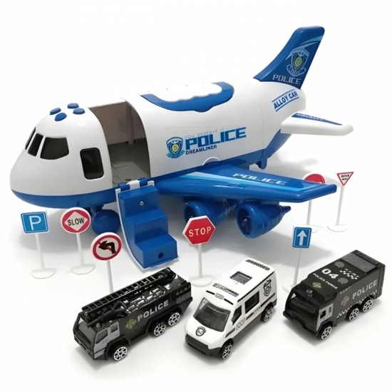 Sulankstomas policijos lėktuvų transporteris su 3 policijos automobiliais, XL rinkinys, kelio ženklai WOOPIE