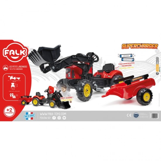 Traktorius, raudonas, atidaromas gaubtas su priekaba ir kibiru, nuo 2 metų amžiaus FALK „Supercharger“