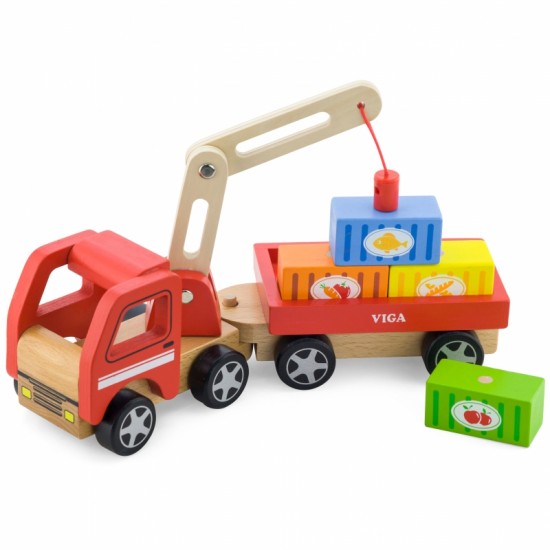 Viga Toys Medinis Kranas Su Konteineriais