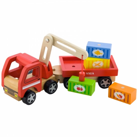 „Viga Toys“ medinis kranas su konteineriais