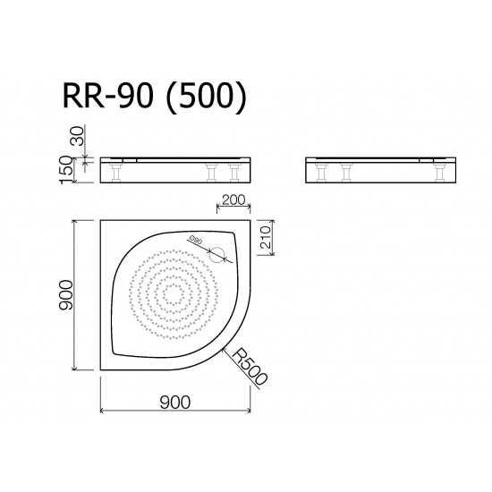 Akmens masės dušo padėklas RR-90, 90x90 cm, pusapvalis, R-500, baltas