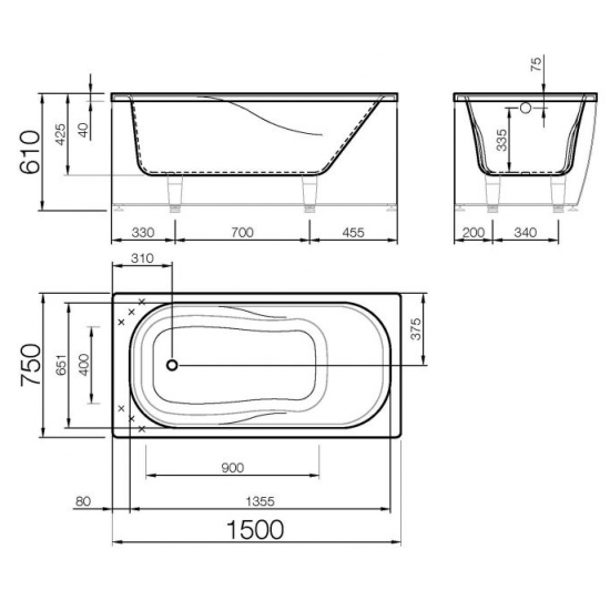 Akmens masės vonia Vispool Classica 1500x750 mm, balta