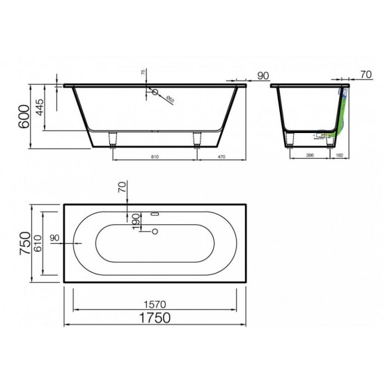 Akmens masės vonia Vispool Evento 1750x750 mm, stačiais kampais, balta