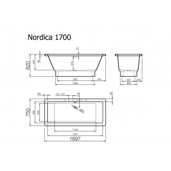 Akmens masės vonia Vispool Nordica 1690x750 mm su paslėptomis kojomis, balta