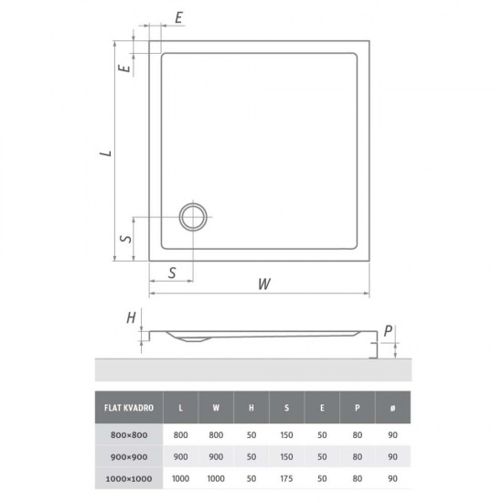 Akrilinis dušo padėklas Flat Kvadro 900x900x50 mm, balta