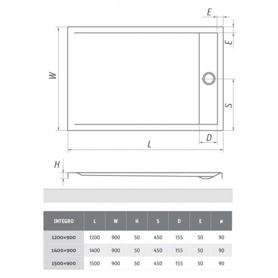 Akrilinis dušo padėklas INTEGRO 1200x900 mm su integruojamu sif. ir nerūd. pl. uždengimu, baltas