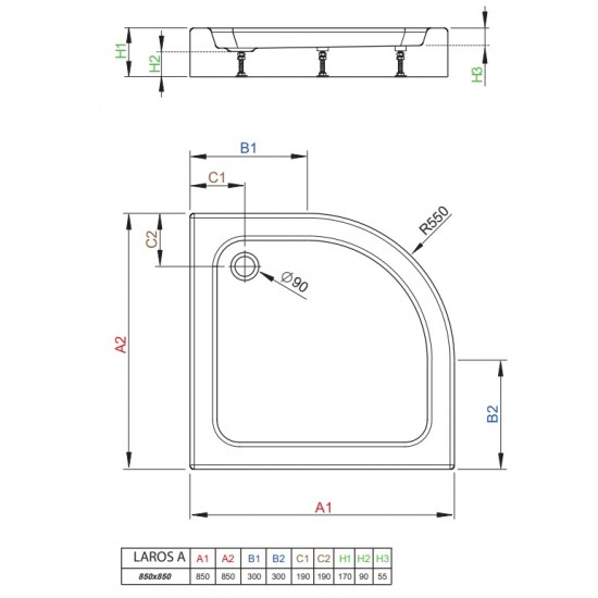 Akrilinis dušo padėklas Radaway Laros A compact 850x850x170, pusapvalis, baltas