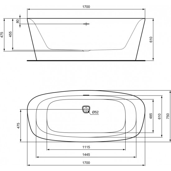 Akrilo vonia Ideal Standard Dea, 170x75, laisvai pastatoma, balta matinė/juoda matinė