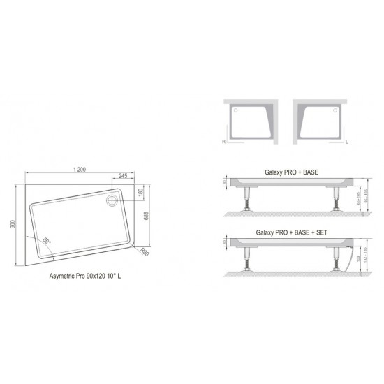 Apdailos plokštė dušo padėklui Ravak Asymetric Pro 10°, 120x90 SET L 10° balta