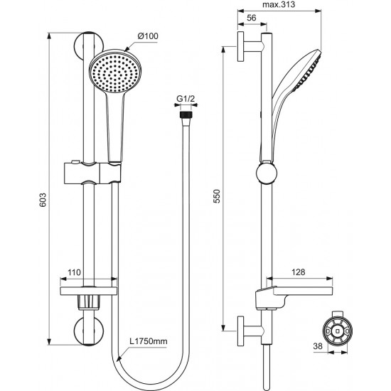 Dušo komplektas 600mm Ideal Standard Idealrain, su muiline