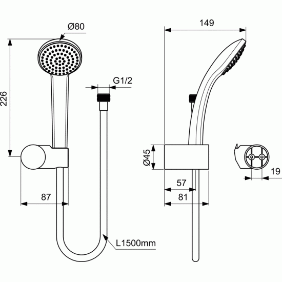 Dušo komplektas Ideal Standard IdealRain, S1 su 80 mm galvute (žarnelė 1.50 m)