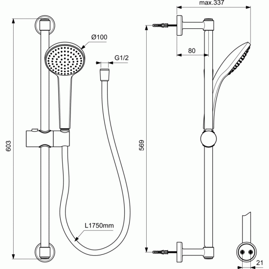 Dušo stovas Ideal Standard IdealRain, M1, 600 mm, galvutė 100 mm, Silk Black juoda matinė