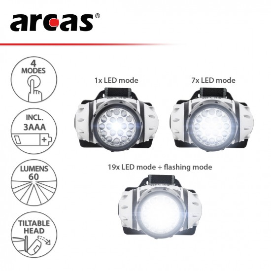 Galvos žibintuvėlis 19 LED, ARCAS Galvos žibintuvėlis 19 LED, ARCAS