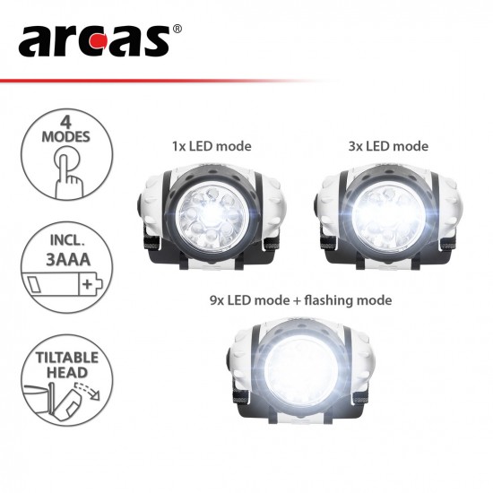 Galvos žibintuvėlis 9 LED, ARCAS Galvos žibintuvėlis 9 LED, ARCAS