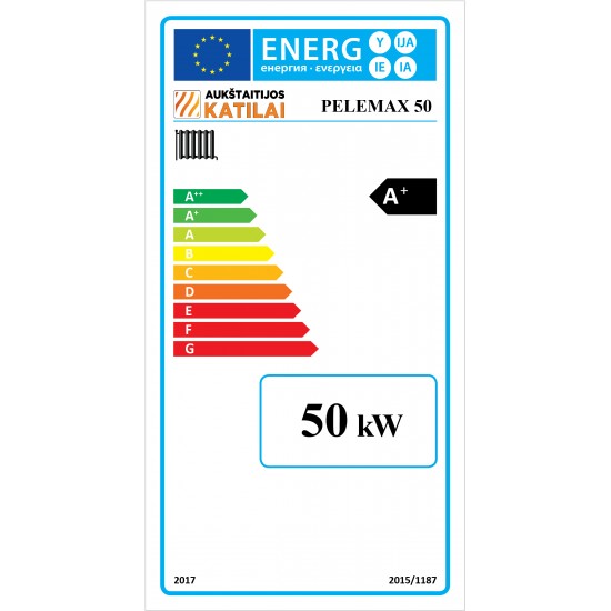 Granulinis katilas Pelemax 50 kW, komplekte su rotaciniu 36 kW degikliu, 500 l bunkeriu