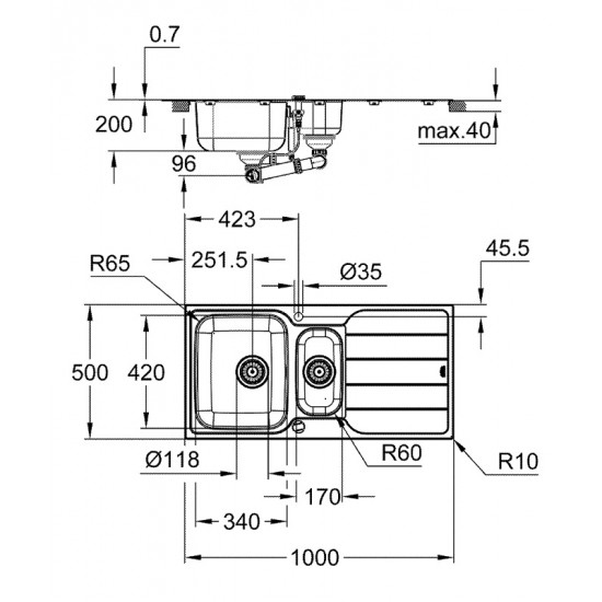 Grohe nerūdijančio plieno plautuvė K500, dubuo 34 x 42 cm, su nuvarvinimo indu