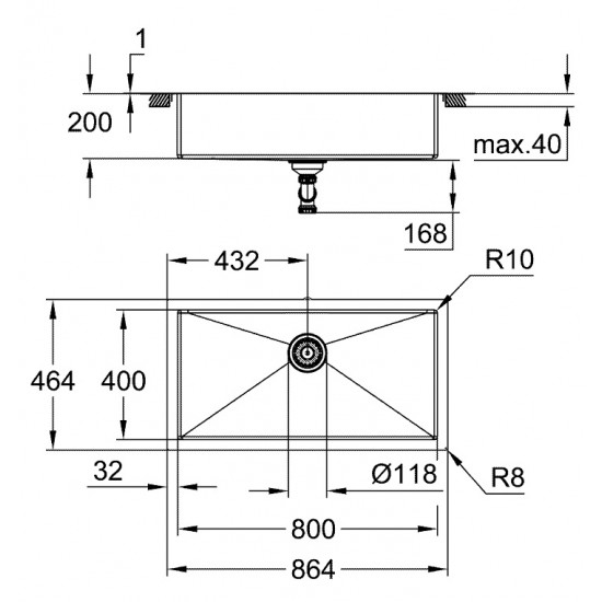 Grohe nerūdijančio plieno plautuvė K700, dubuo 80 x 40 cm