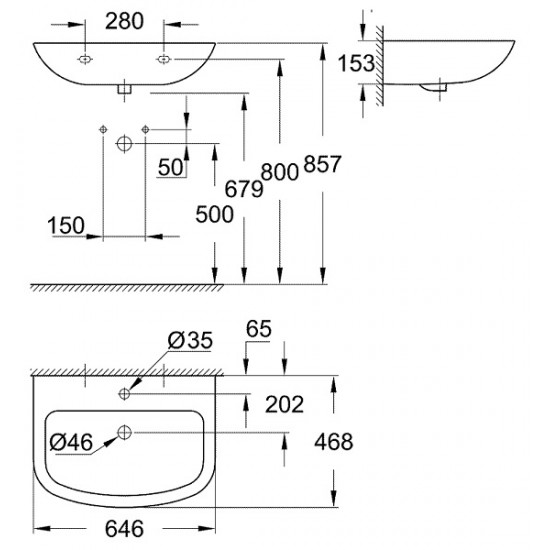 Grohe praustuvas BAU Ceramic 65cm su skyle maišytuvui, baltas