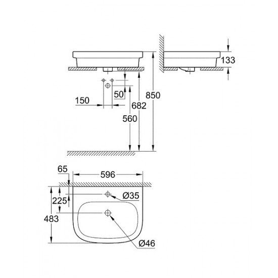 Grohe praustuvas Euro Ceramic, 60 cm, su skyle maišytuvui