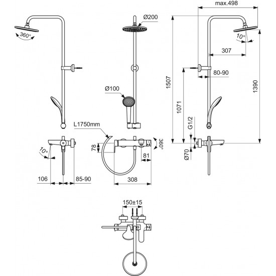 Ideal Standard Cerafine O vonios ir dušo sistema su apvalia Ø200 mm dušo galva, rankinis dušas 100 mm, juoda matinė