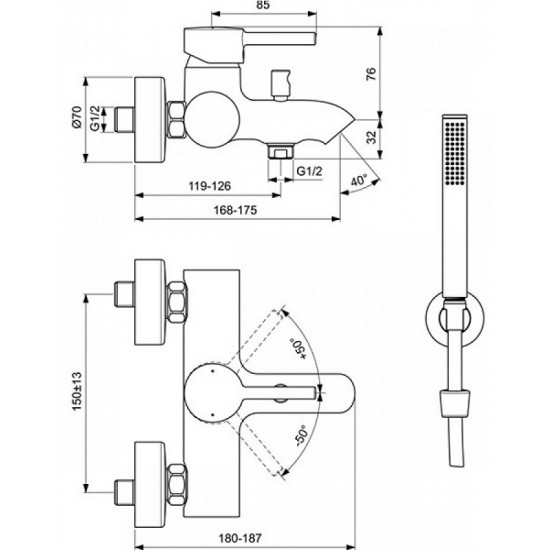 Ideal Standard Ceraline virštinkinis vonios/dušo maišytuvas su dušo komplektu, juoda matinė spalva