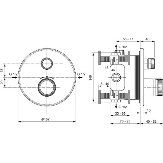 Ideal Standard Ceratherm Navigo potinkinė termostatinė sistema: apvali 300 mm metalinė galva, rankinis dušas, 1/2 alkūnė