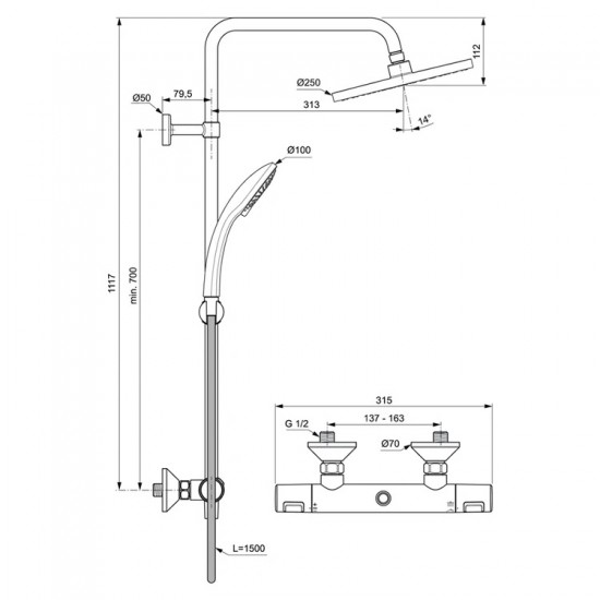 Ideal Standard Ceratherm T25 dušo sistema su termostatiniu maišytuvu,  dušo galva Ø250 mm 12 l/min, 100 mm 3 funkcijų Id