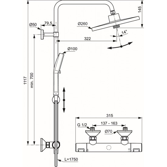 Ideal Standard Ceratherm T25+ dušo sistema su termostatiniu maišytuvu, dušo galva Ø260 mm, rankinis dušas Ø100 mm