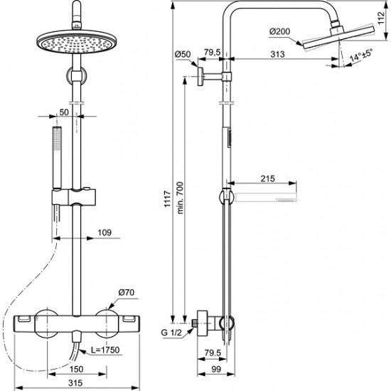 Ideal Standard dušo sistema Idealrain Ceratherm T25, apvali Ø200 mm dušo galva, rankinis dušas