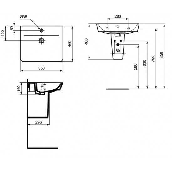 Ideal Standard praustuvas Connect air Cube, tvirtinamas prie sienos, 55 x 46 x 16 cm, baltas