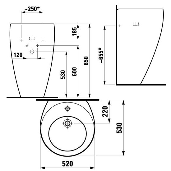 IL BAGNO ALESSI ONE Praustuvas 52 x 53 cm, be angos maišytuvui, su neuždaromu dugno vožtuvu 8.9543.9