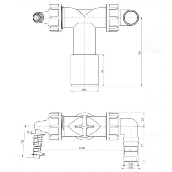 Kanalizacijos jungtis DN40-32 Alcaplast, su atbuliniais vožtuvais skalbyklei ir džiovyklei