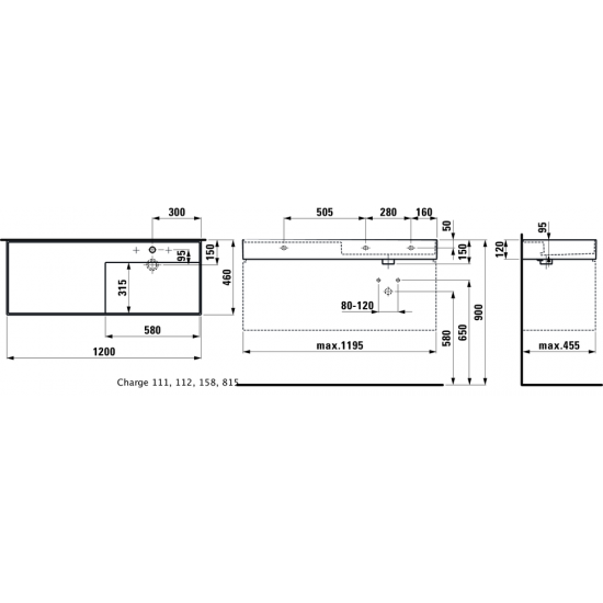 Kartell by Laufen praustuvas 1200x460x120 mm su plačiu kraštu kairėje, paslėptu nuotaku, LCC danga, baltas