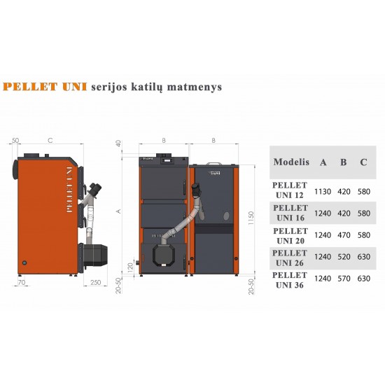 Katilas granul. PELLET UNI 20 su 16kW degikliu ir 260 l talpa su KIPI ROT degikliu