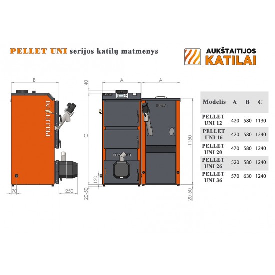 Katilas PELLET UNI 12 su KIPI ROT POWER 12 kW degikliu ir 260 l talpa